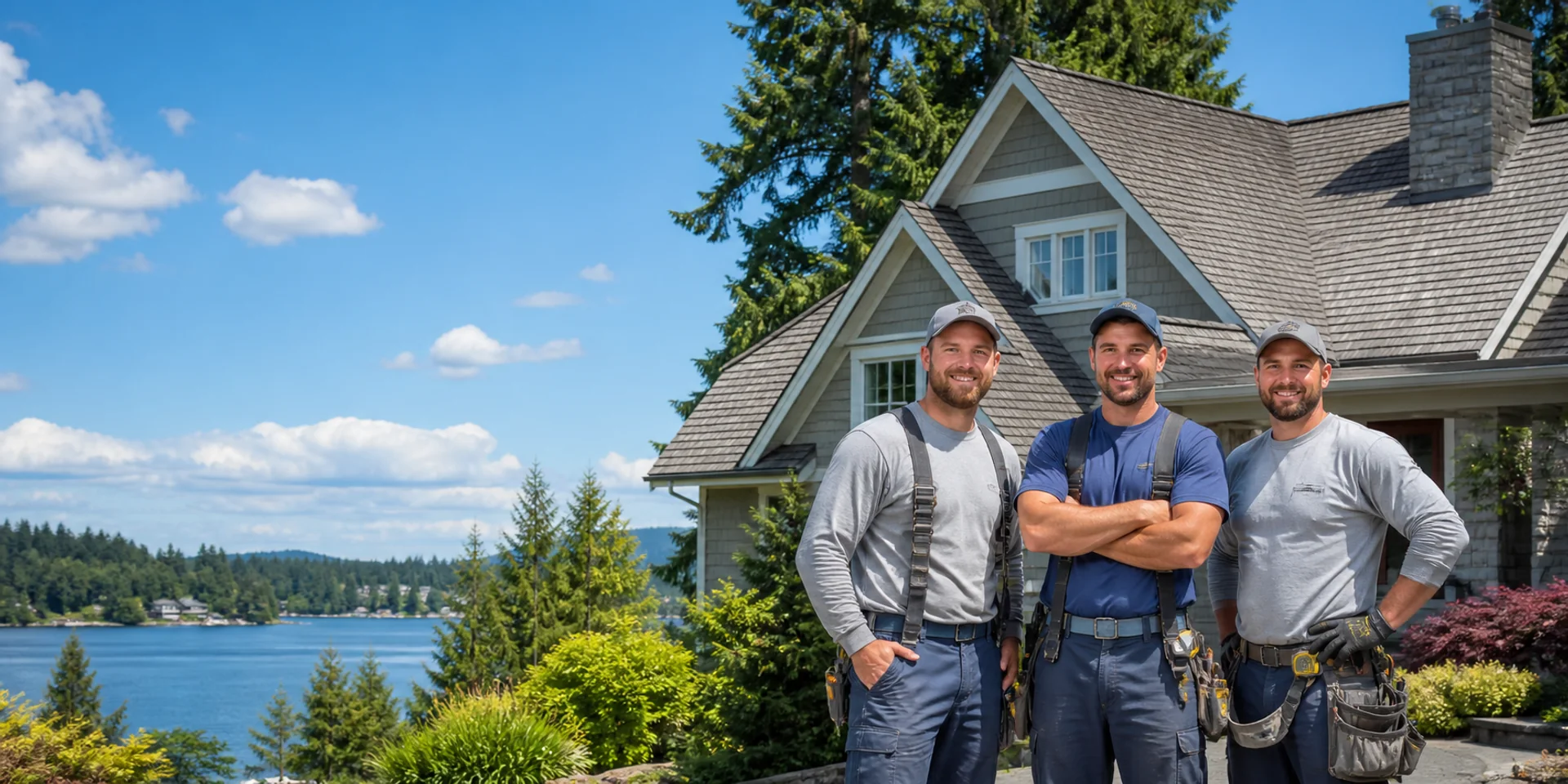 Three-person roofing crew beside a bright Lake Oswego home
