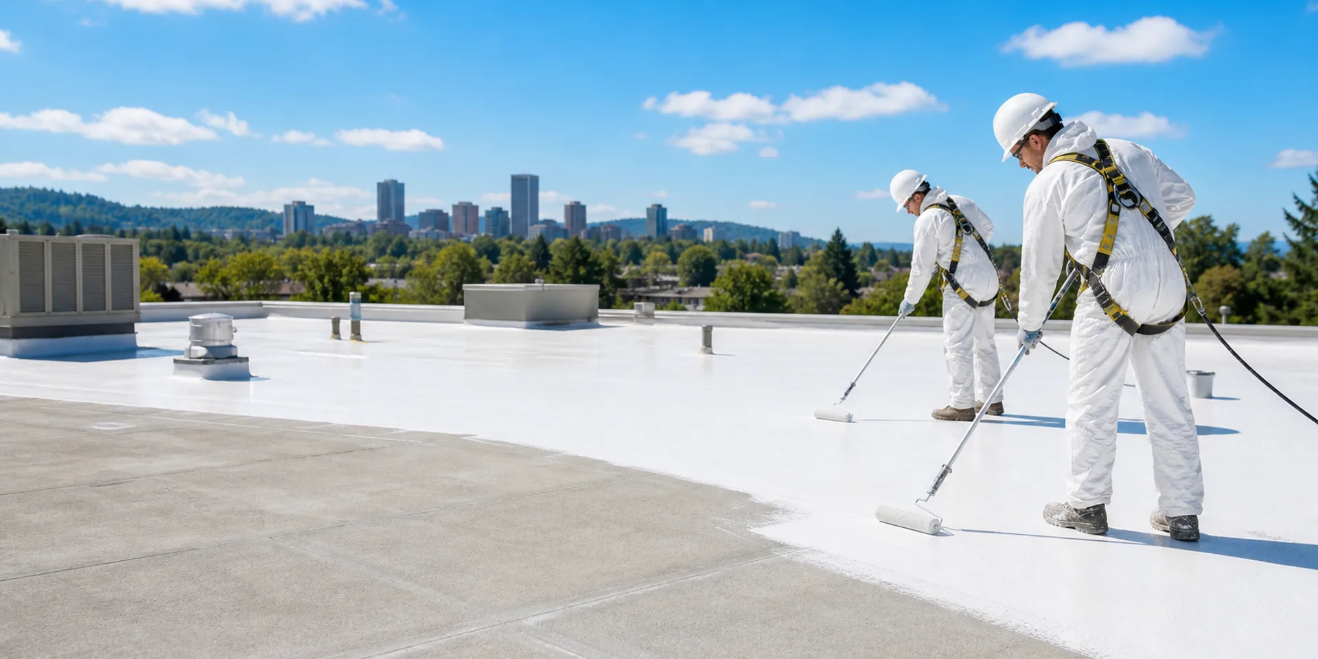 Technicians applying a reflective commercial roof coating
