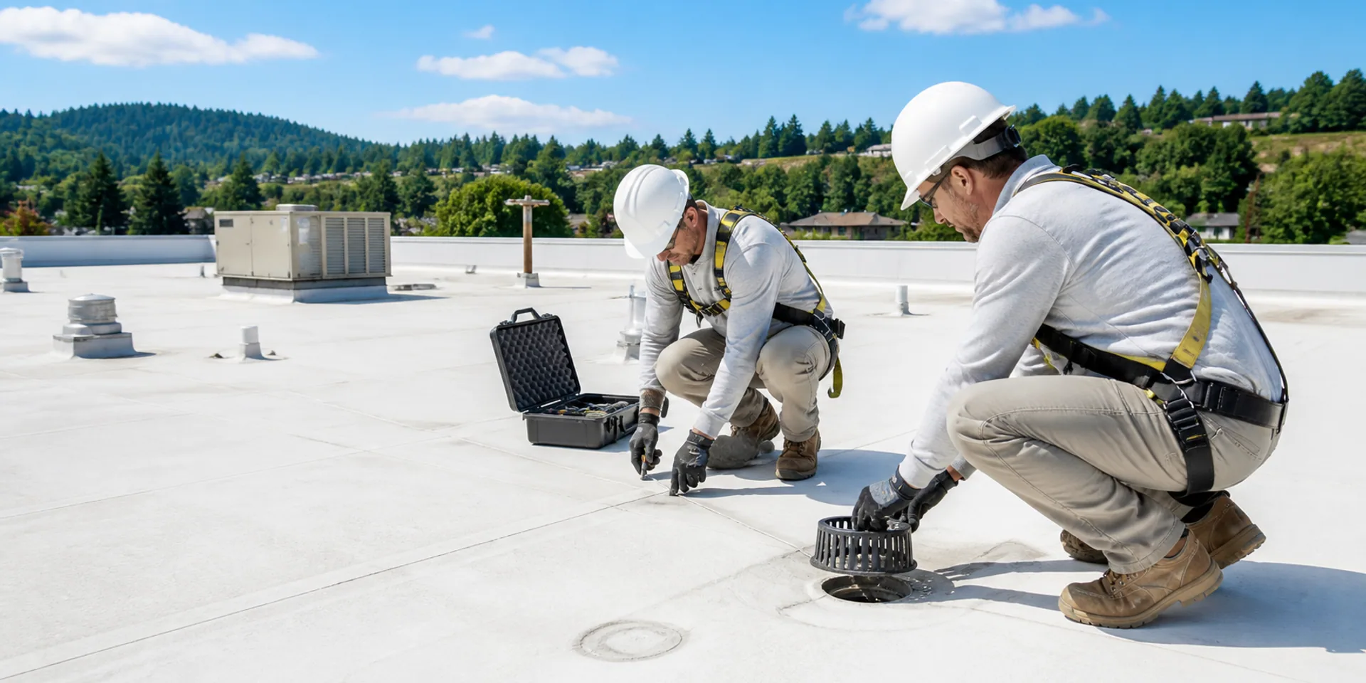 Commercial roofing technicians maintaining a low-slope roof