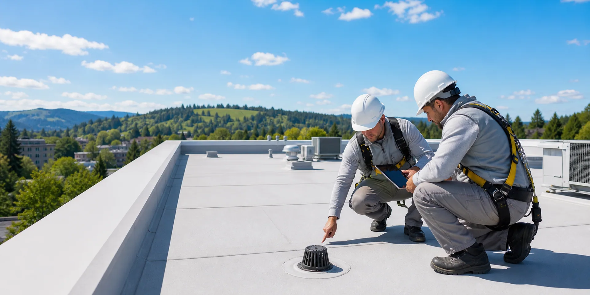 Commercial roofing contractors at work