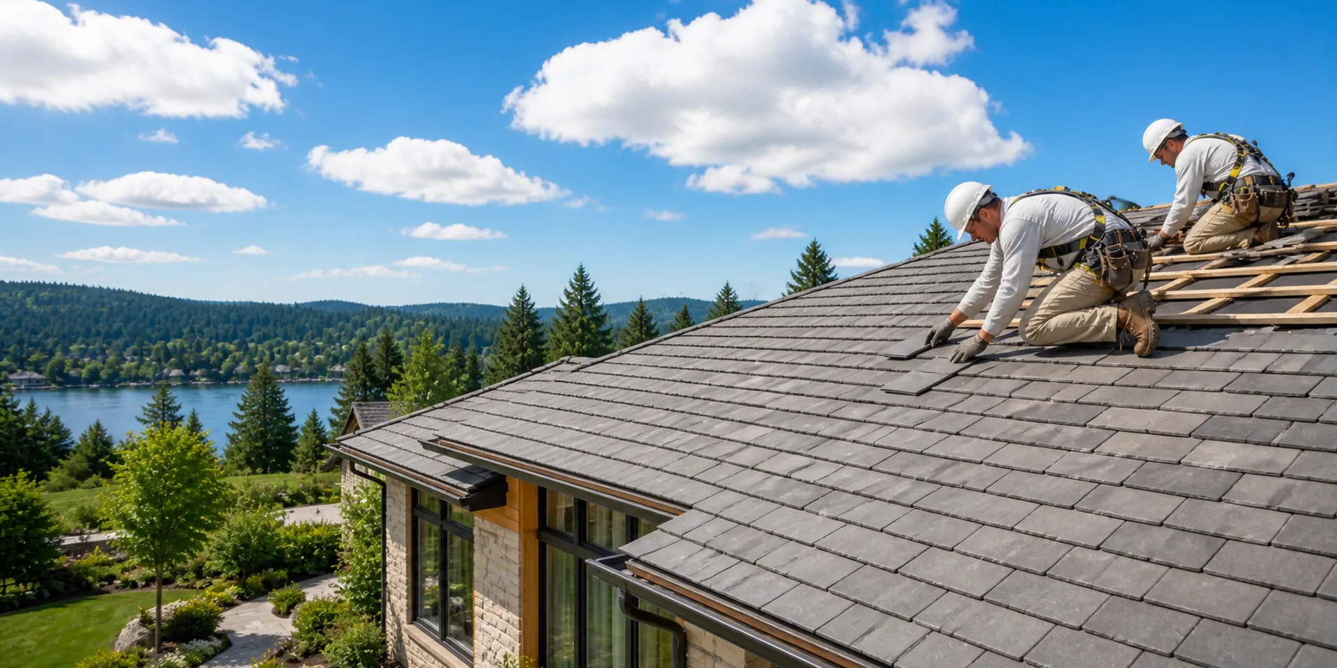Dimensional roofing on a home surrounded by Pacific Northwest evergreens