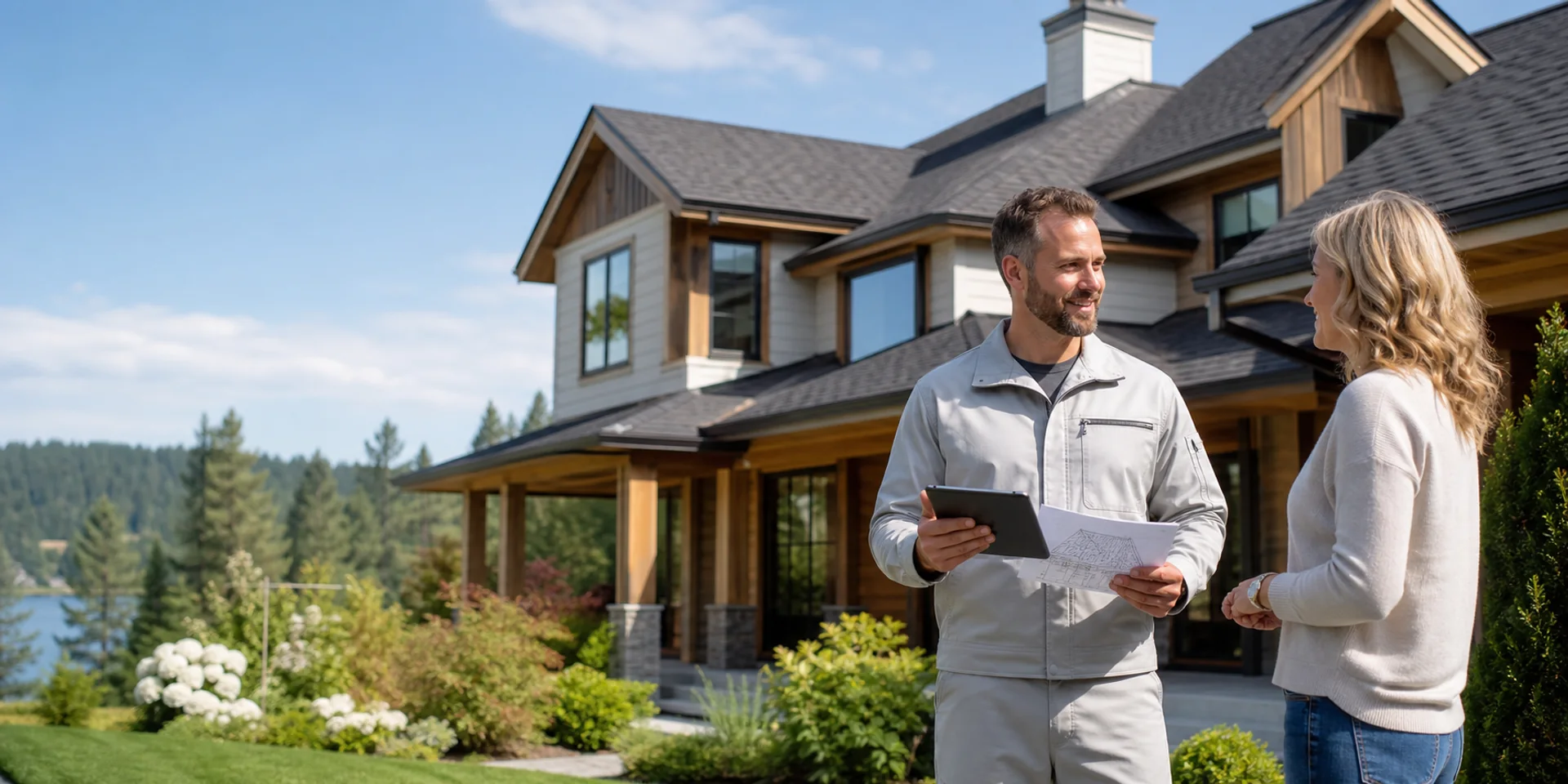Roofing estimator reviewing project details at a Lake Oswego home