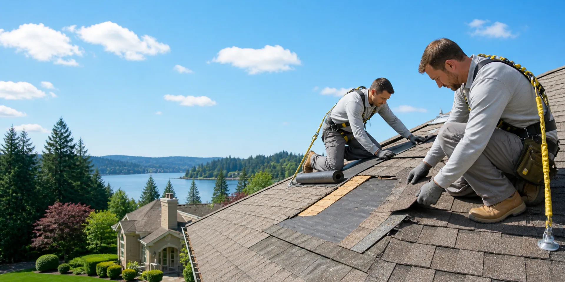 Roofer repairing shingles and flashing on a Lake Oswego roof