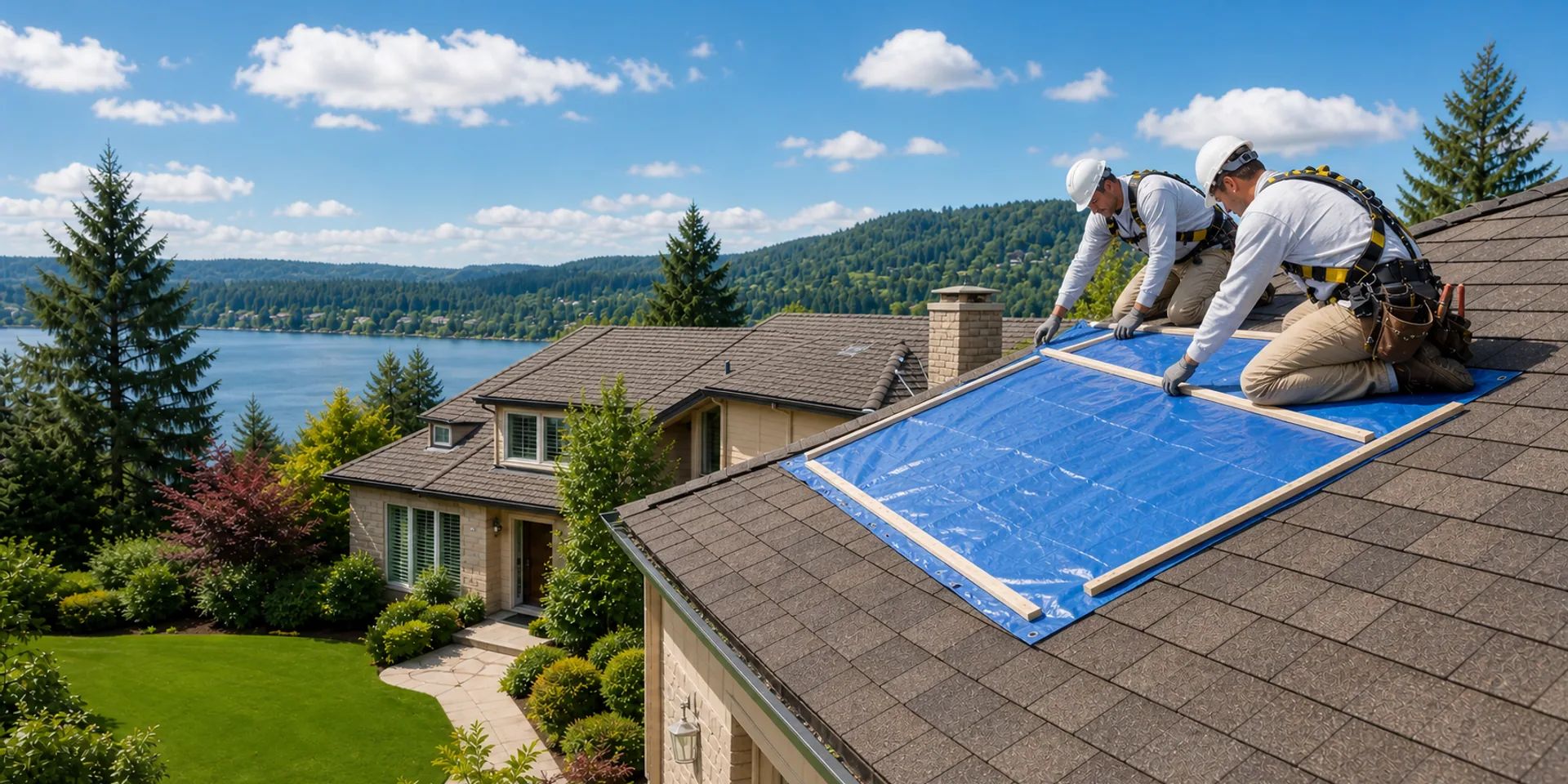 Aerial view of a roof tear-off with tarps in place to protect the property