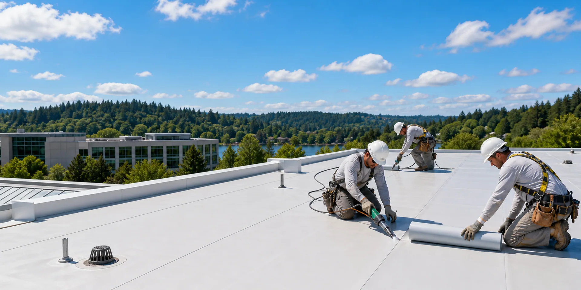 Aerial view of roofers working on a low-slope flat roof