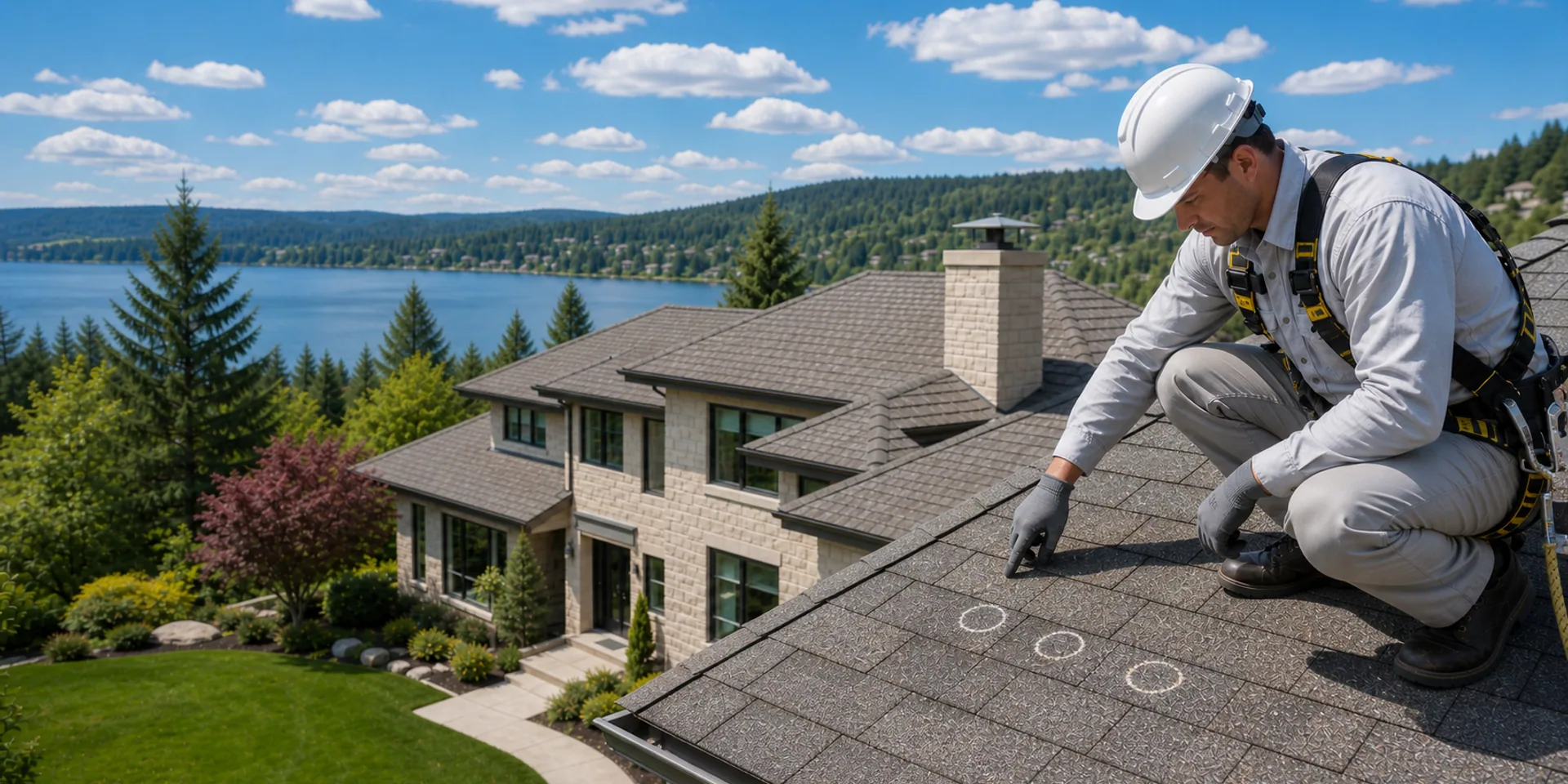 Roofers replacing storm-damaged asphalt shingles