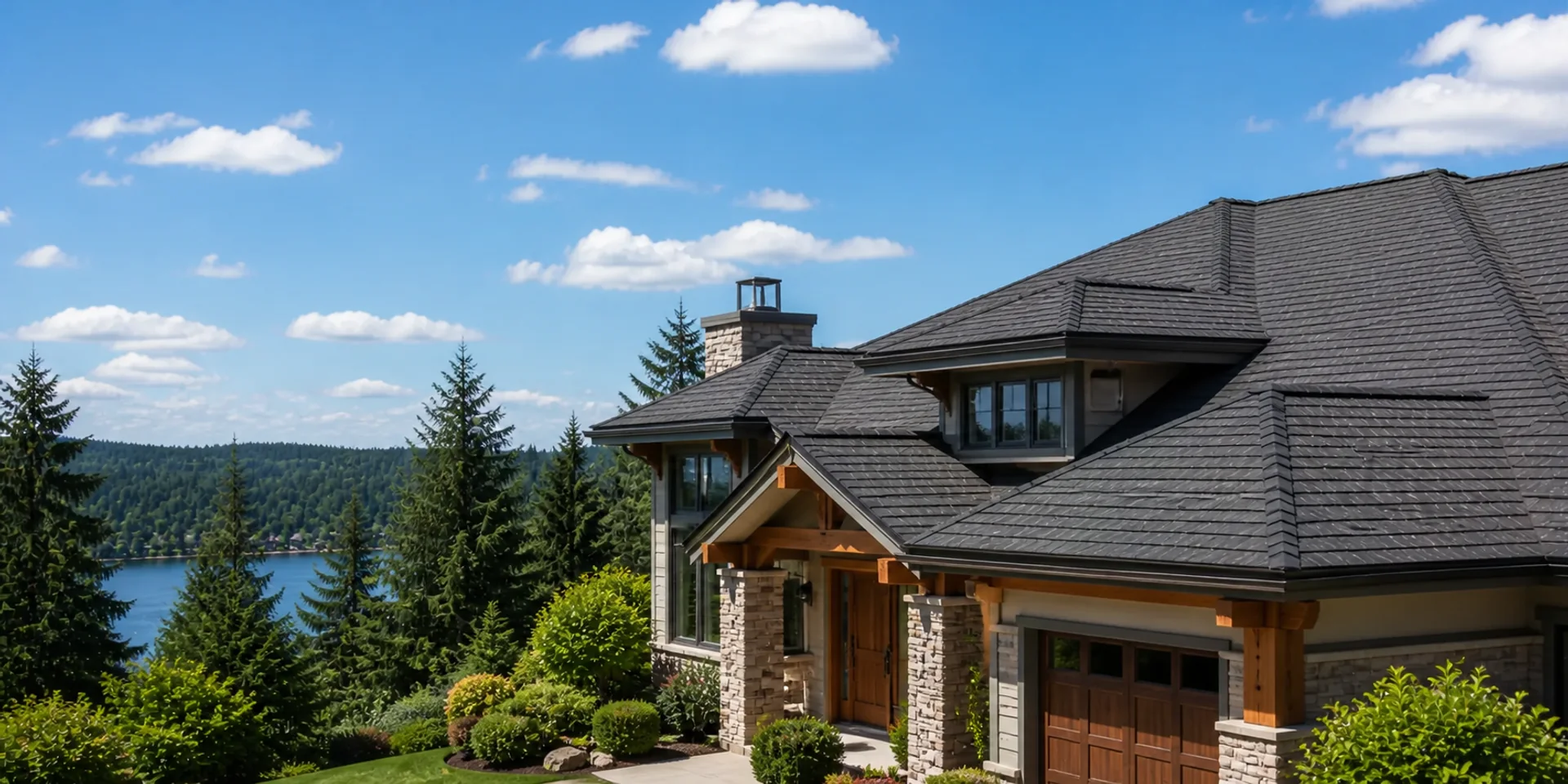 Upscale Lake Oswego home with a newly finished charcoal shingle roof overlooking the lake