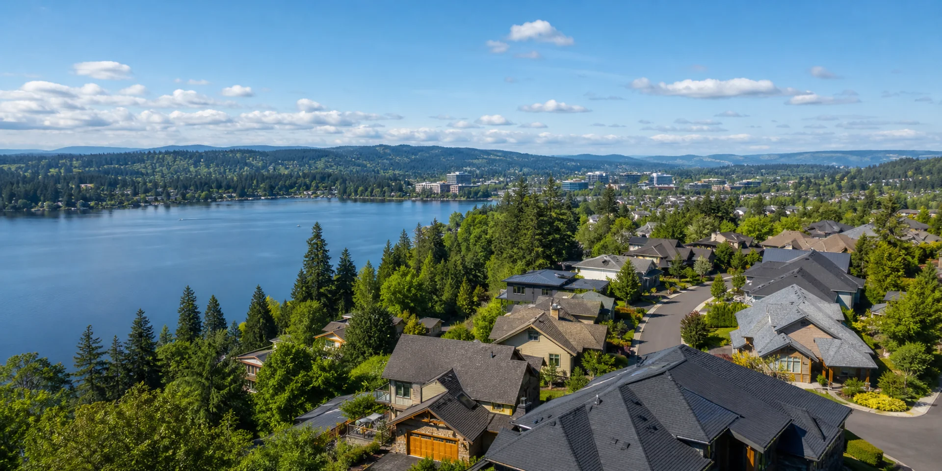 Oregon neighborhoods and rooftops surrounded by Pacific Northwest trees