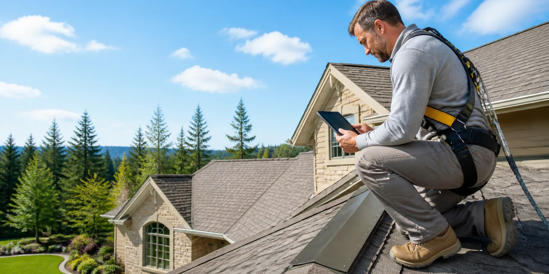 Roofing inspector kneeling on a shingle roof measuring and taking notes