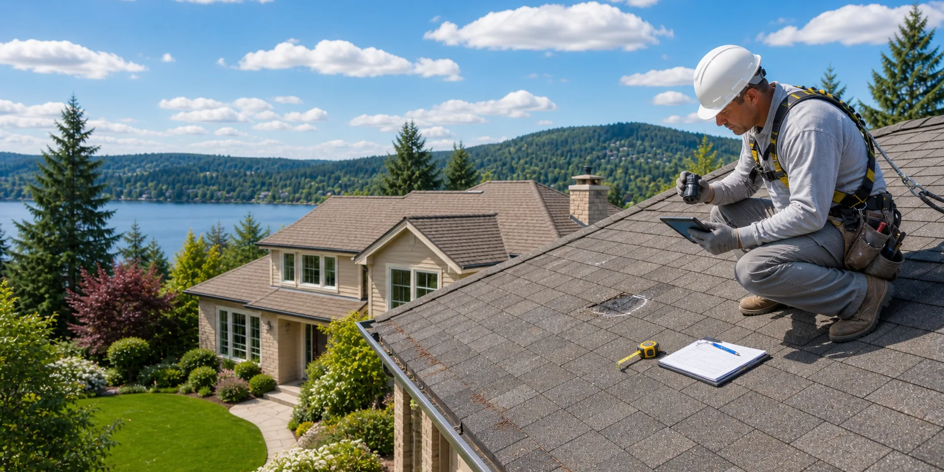 Roofing inspector documenting roof damage for an insurance claim