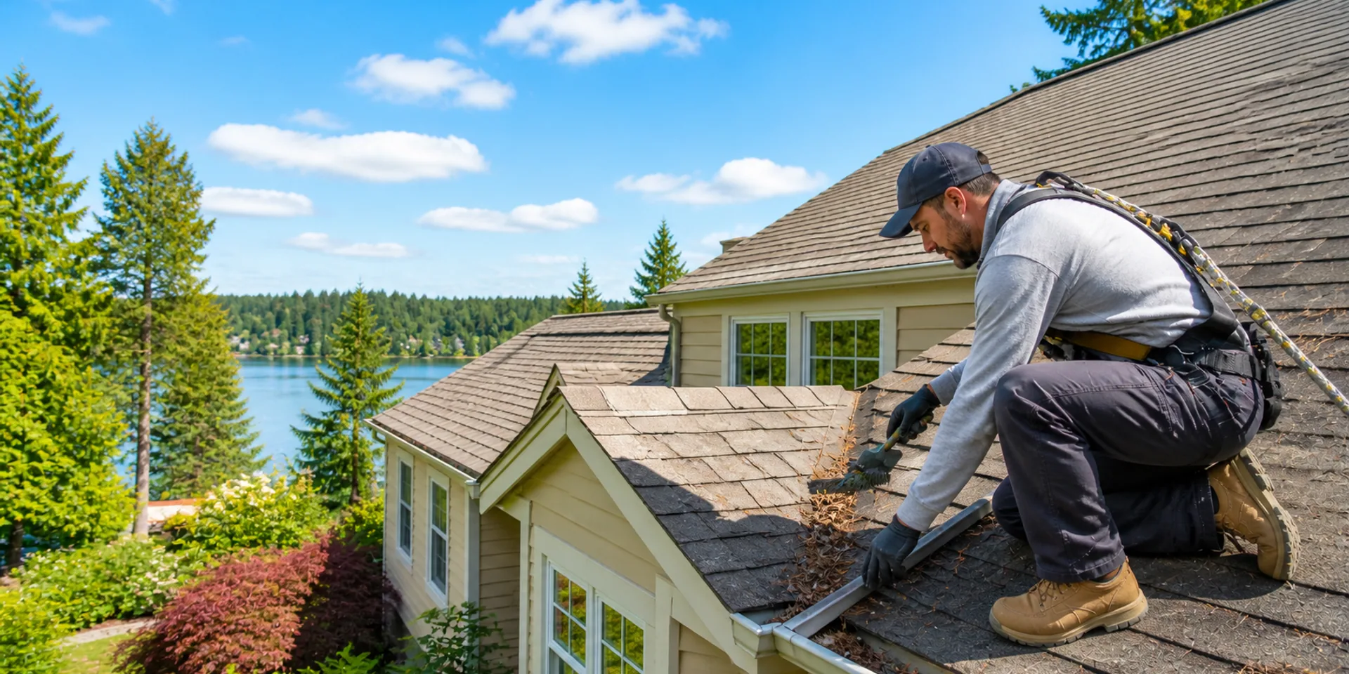 Roofer clearing moss and debris during a routine roof maintenance visit