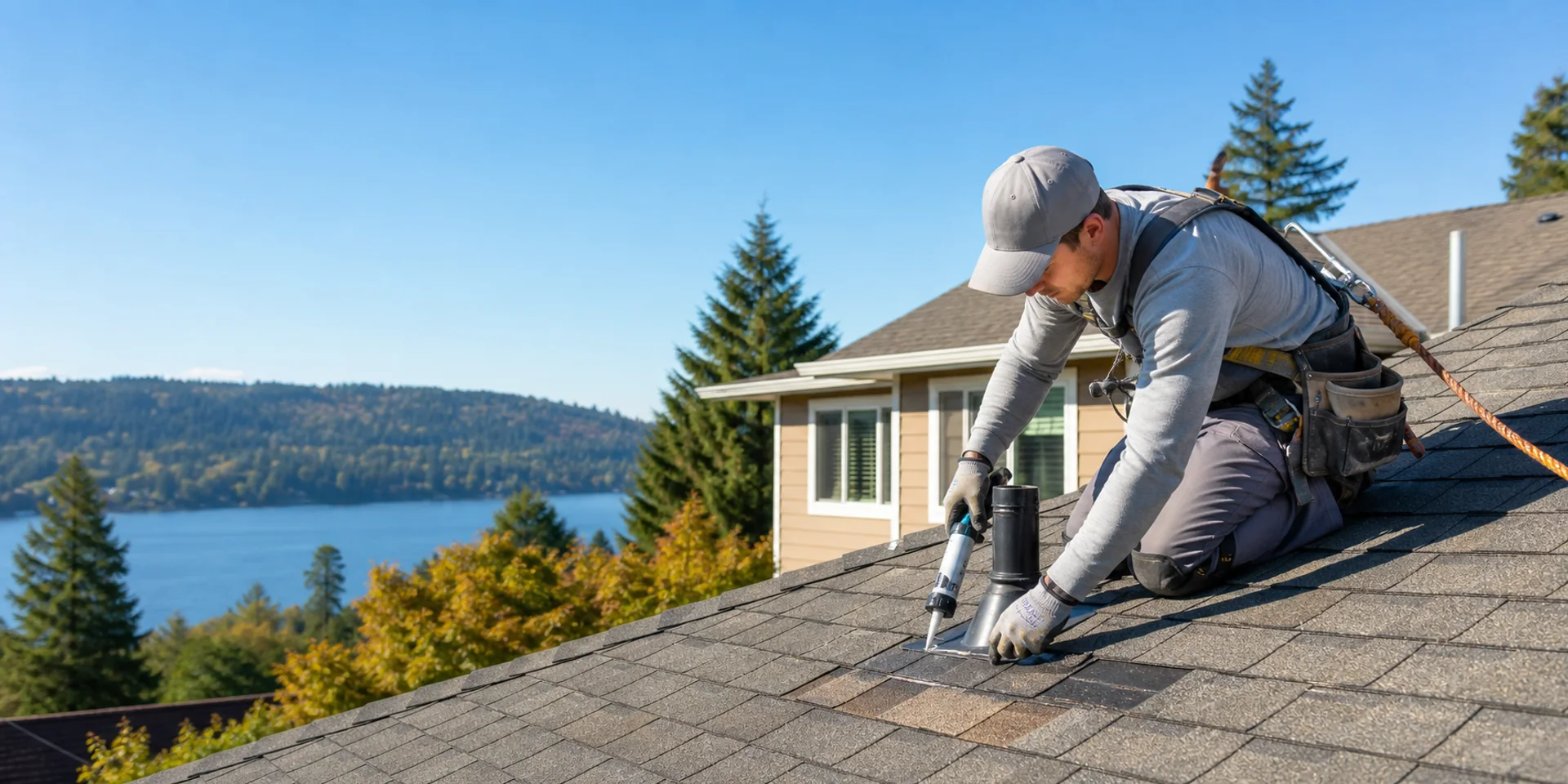 Roof repair work on a Lake Oswego home