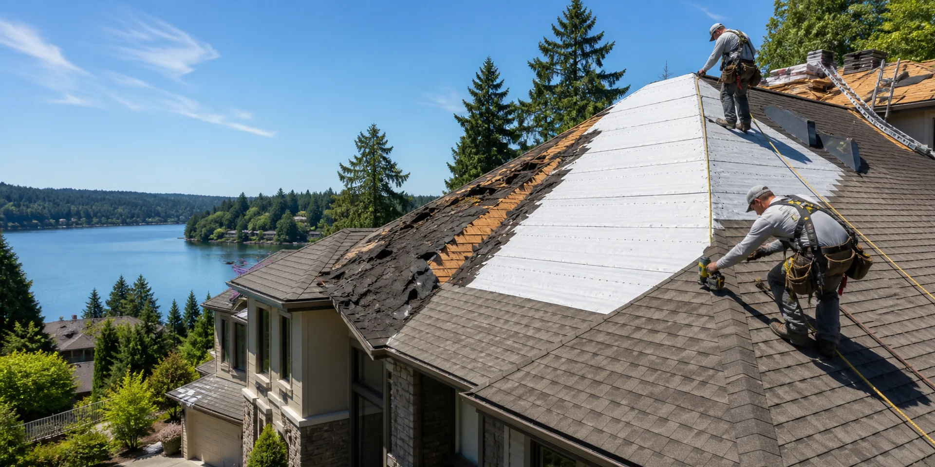 Roofers completing a residential roof replacement in Lake Oswego