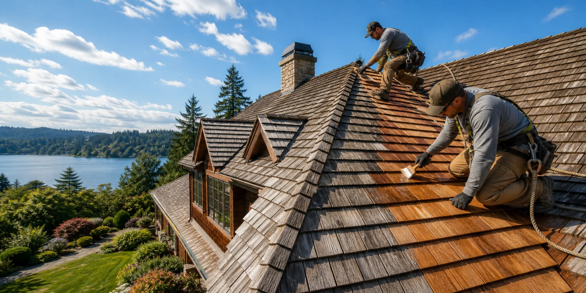 Roofing professionals restoring a weathered roof in Lake Oswego