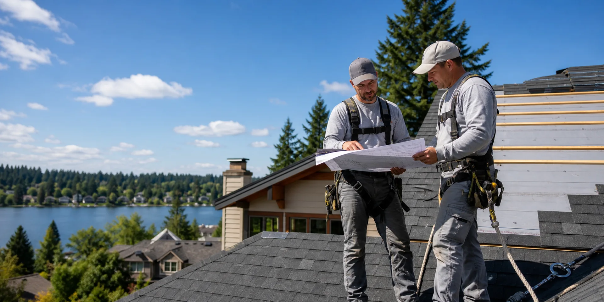 Two roofers reviewing plans on a bright Lake Oswego residential roof