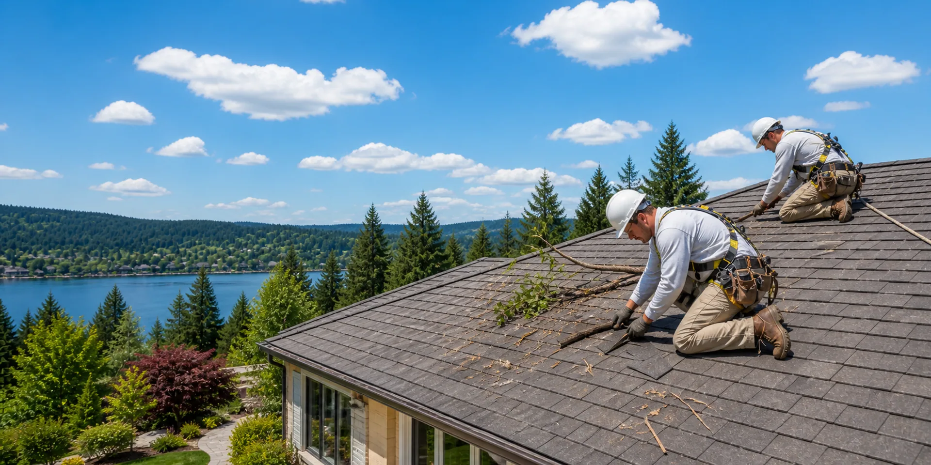 Fallen tree branch damaging a residential asphalt shingle roof after a storm