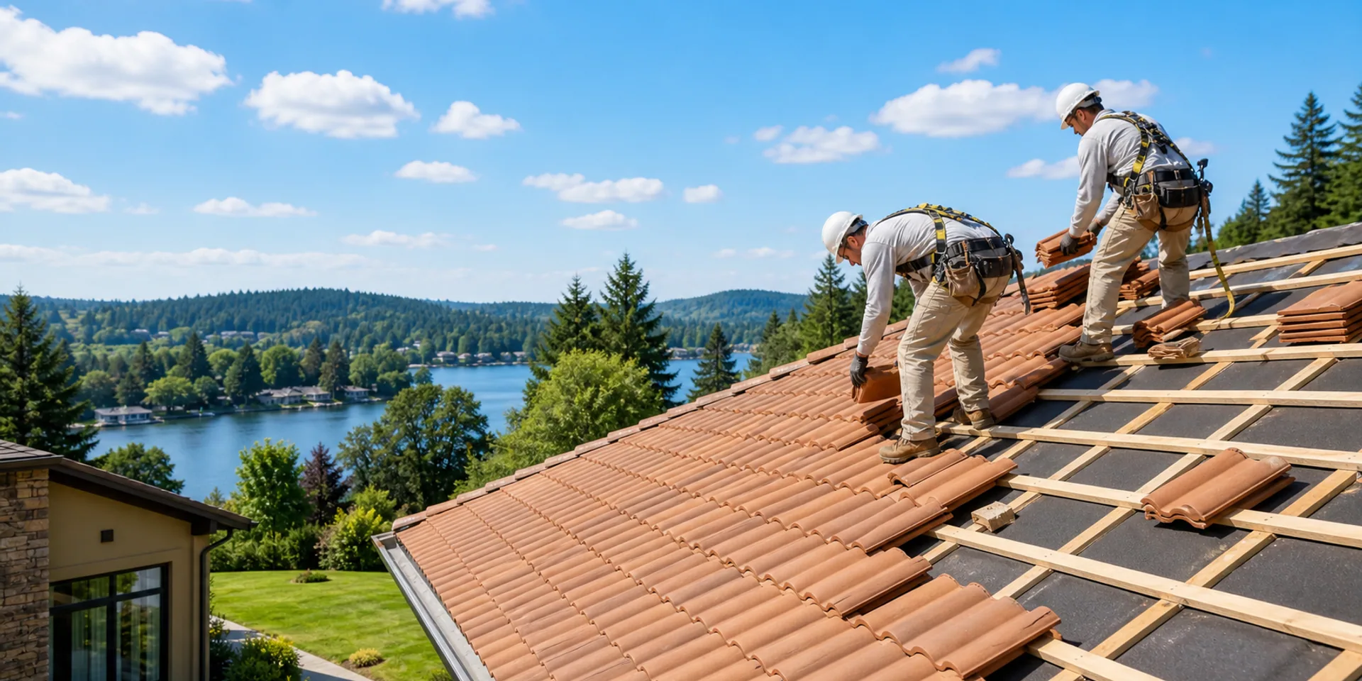 Red clay tile roofing on a home surrounded by trees