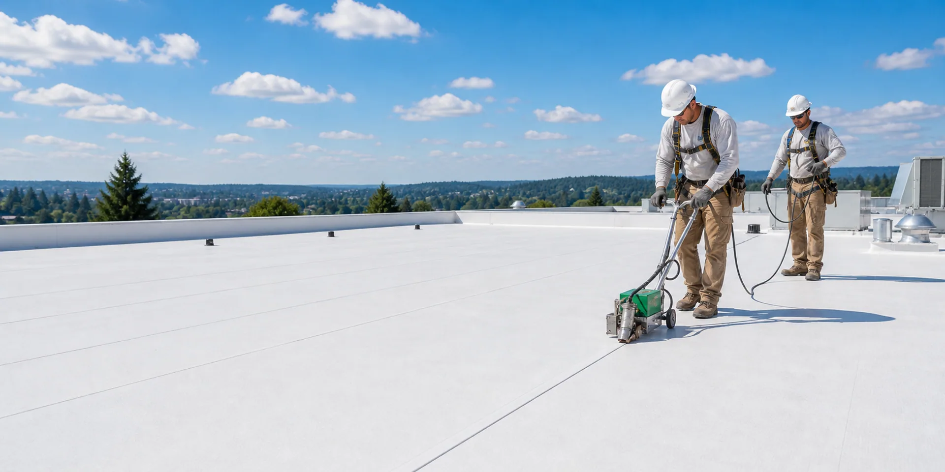 Commercial roofers heat-welding a white TPO membrane seam