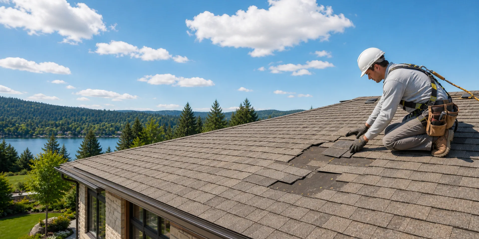 Wind-damaged asphalt shingles exposing the roof's underlayment
